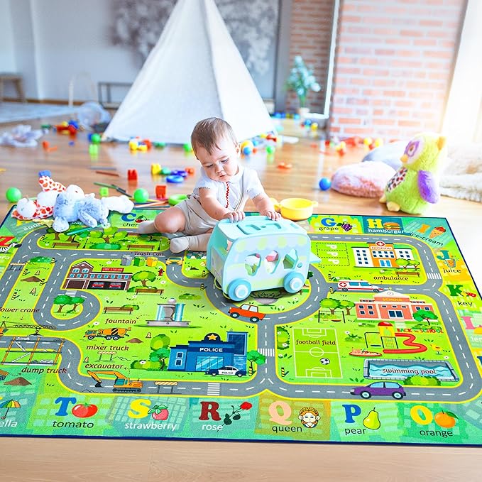 Chicrug 6x9 Car Road Area Rug for Kids Playroom Bedroom, Non Slip Low Pile Washable ABC Alphabet Carpet for Classroom, City Track Play Mat for Toddler Children Nursery Baby Room Decor, Green