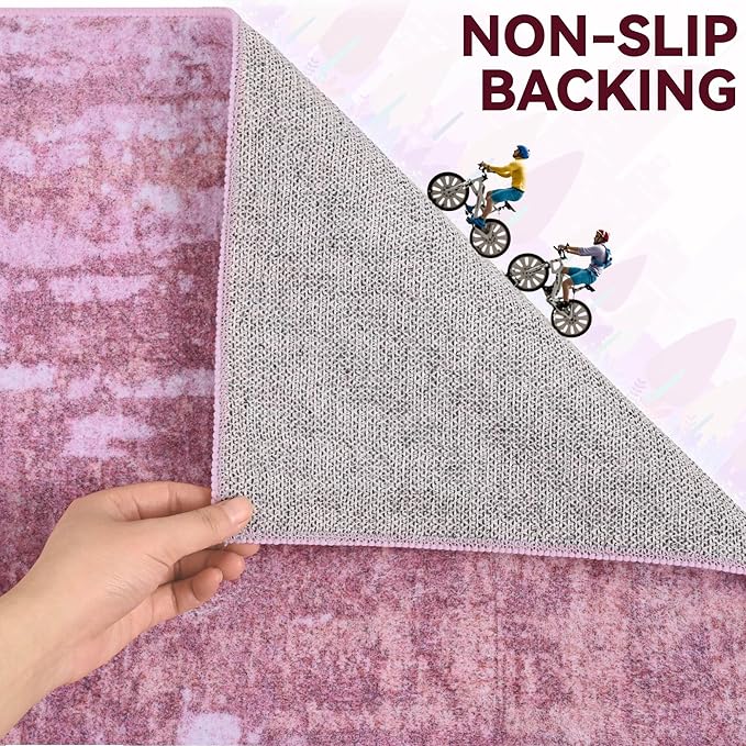 Living Room Rugs 6x9 Hot Pink Washable Area Rug, Abstract Modern Bedroom Rugs Non Slip Stain Resistant Neutral Large Carpet for Nursery, Dining, Kids Playroom, Dining Room, Office