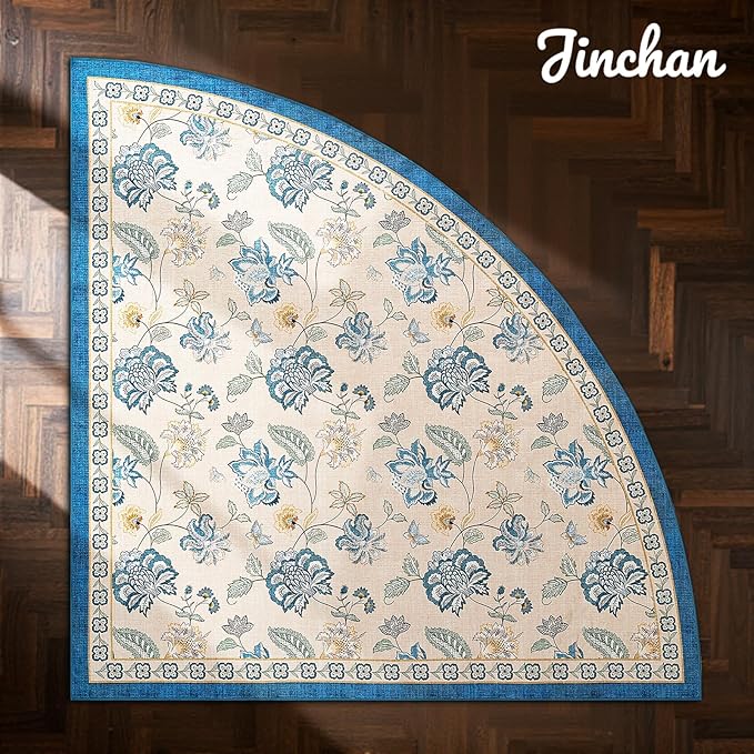jinchan Floral Corner Rug for Living Room Washable Bedroom Rug Vintage Romance Design Non Slip Quarter Circle Lightweight Low-Pile Throw Carpet for Reading Nook Playroom,7ft Radius, Blue/Beige
