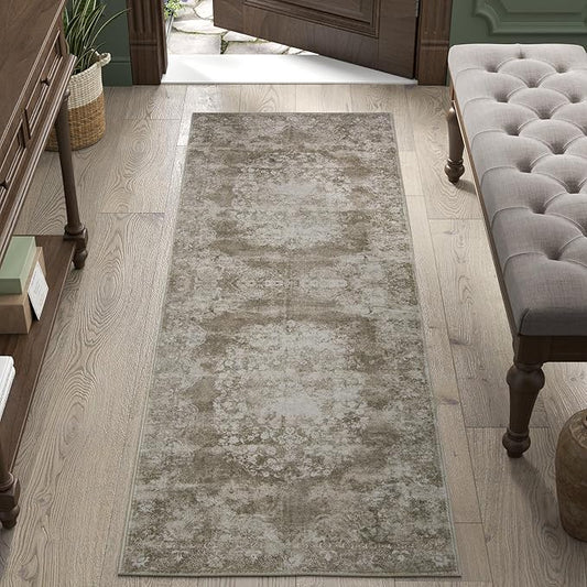 jinchan Vintage Floral Runner Rug 2x5 - Machine Washable Distressed Design Non-Slip Low-Pile Soft Thin Carpet for Hallway Kitchen Farmhouse Bedroom Entryway Laundry Room (2x5ft,Brown)