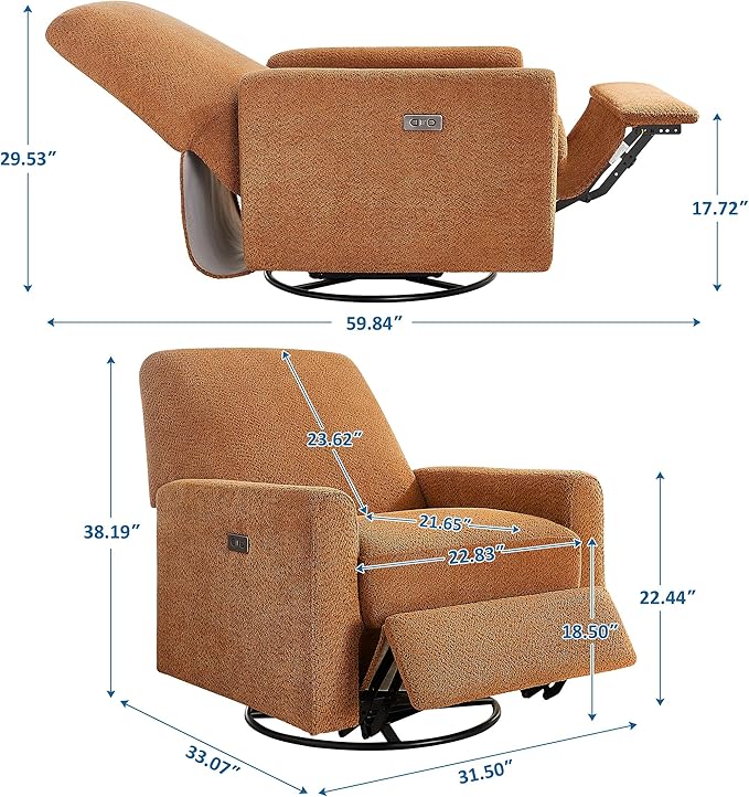 Power Swivel Glider Recliner Chair, Electric Nursery Rocker Recliner Chair, USB & Type-C Charger, Boucle Curry