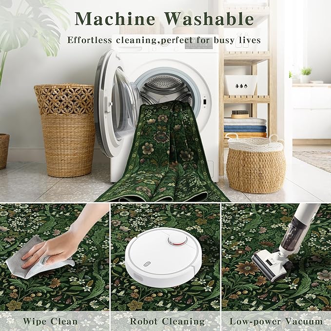 8x10 Washable Area Rug for Living Room, Large Vintage Dark Green Floral Rugs, Soft Non-Slip Stain Resistant Boho Lightweight Carpet for Bedroom Dining Room Nursery Home Office