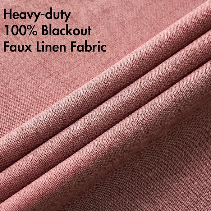 MIULEE 100% Blackout Linen Textured Curtains for Bedroom Solid Thermal Insulated Dusty Rose Grommet Room Darkening Curtains & Drapes Luxury Decor for Living Room Nursery 52 x 90 Inch (2 Panels)