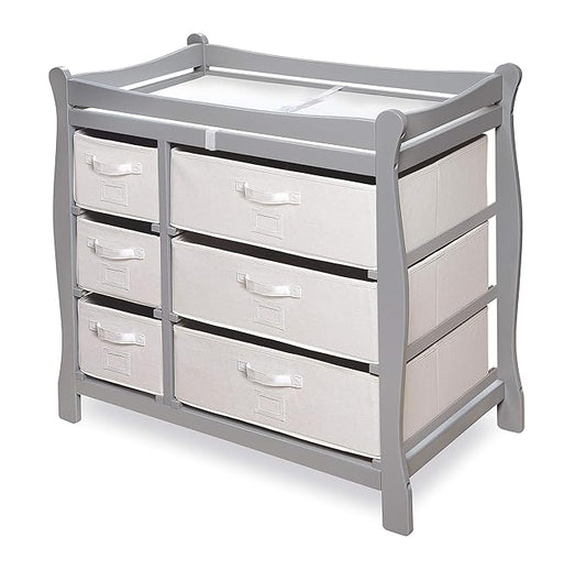 Badger Basket Sleigh Style Baby Changing Table - Diaper Station with 6 Removable Storage Baskets, Safety Rails, Pad, and Belt - Nursery Organizer - Cool Gray