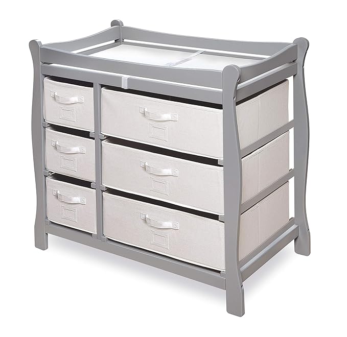 Badger Basket Sleigh Style Baby Changing Table - Diaper Station with 6 Removable Storage Baskets, Safety Rails, Pad, and Belt - Nursery Organizer - Gray/White