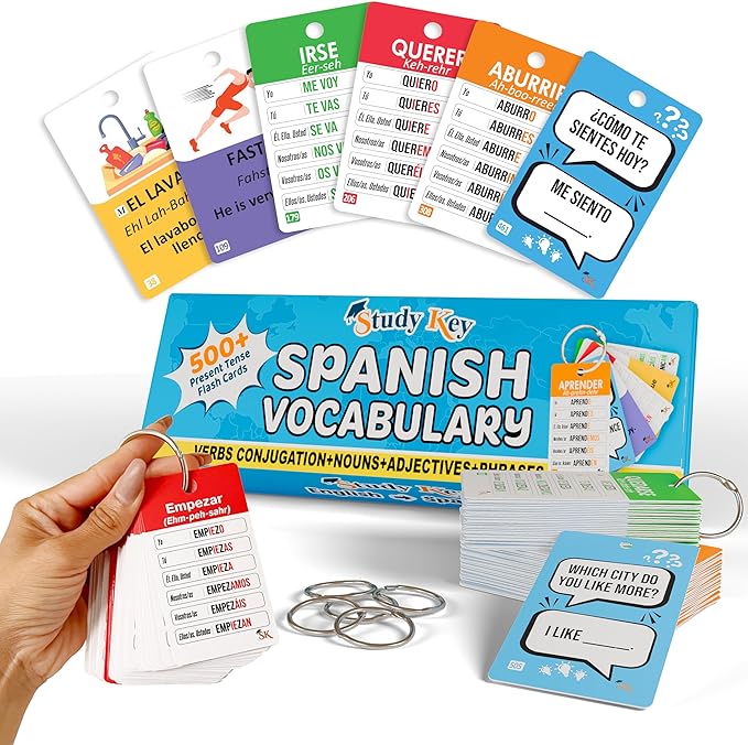500+ Spanish Vocabulary Flash Cards for Adults & Kids Ages 15+ - Verb Conjugation, Nouns, Adjectives & Phrases to Learn Spanish for Adult Beginners Flashcards
