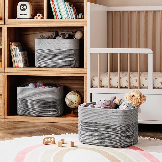 UBBCARE 4 Pack Baskets for Organizing, Woven Storage Baskets for Toys and Towel, Rectangle Cotton Rope Basket with Handles, 15''L x10''W x9''H, Mixed Grey