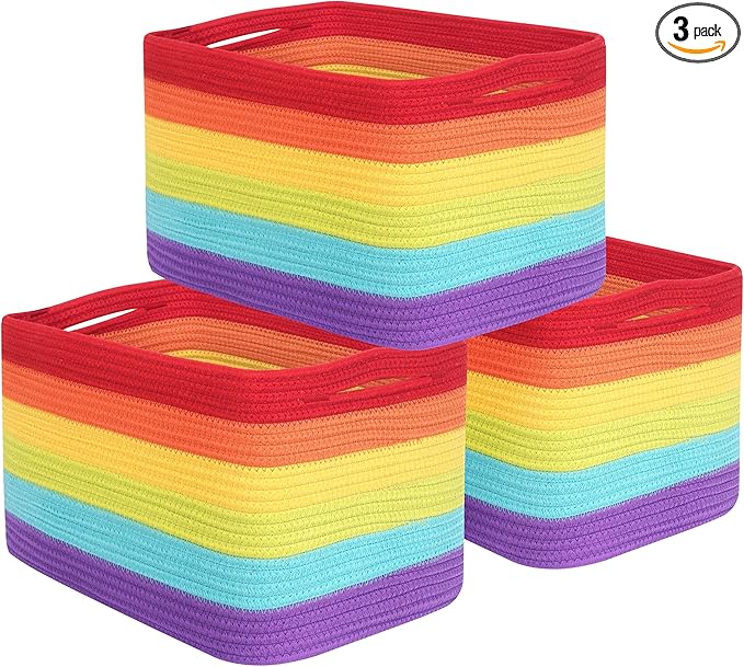 MINTWOOD Design 3-Pack Storage Baskets for Shelves, Playroom and Classroom, Book Basket, Decorative Storage Cube Bins, Woven Closet Organizers, Pantry and Shoe Organizer, Rainbow