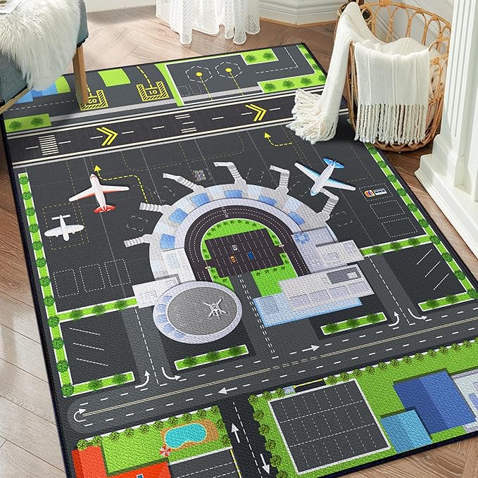 Playmat for Boys Playroom 5'x 6'6" Airport Mat for Kids Bedroom Traffic System and Aircraft Runway Rug Carpet Non-Slip Washable Area Rug