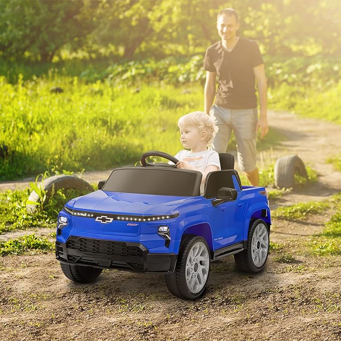Qaba 12V Kids Ride on Truck, Chevrolet Silverado EV RST Licensed Electric Car with Parent Remote Control, Back Storage, Spring Suspension, Soft Start, Auxiliary Wheels, LED Lights, Music, MP3, Blue