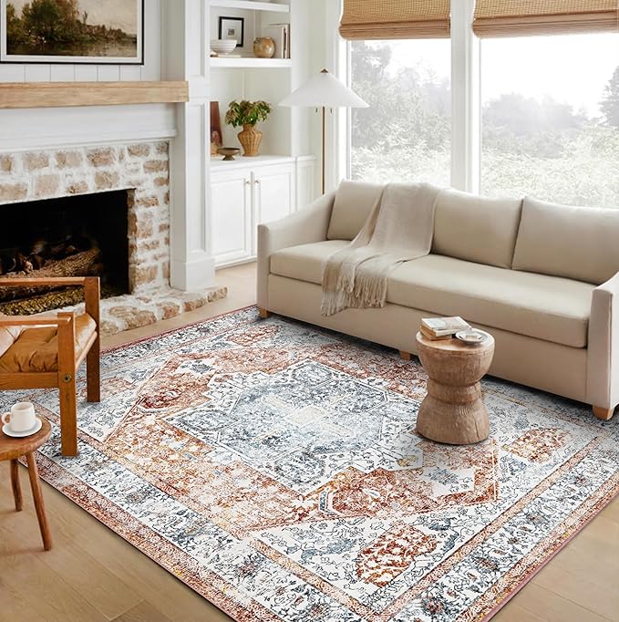 Area Rug 6x9 Washable Rug Tangerine Vintage Traditional Floor Cover Thin Retro Kitchen Indoor Distressed Non Slip Carpet Floral Print Mat Living Room Bedroom Dining Room
