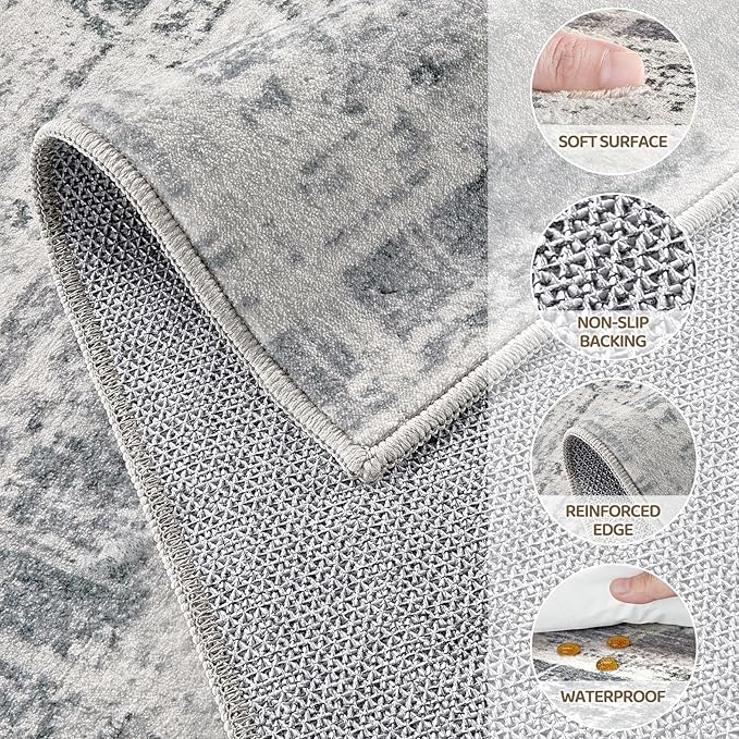 Area Rug for Living Room: 12x15 Washable Neutral Abstract Modern Soft Rugs Non Slip Indoor Floor Stain Resistant Large Carpet for Bedroom Dining Room Office Nursery - Gray