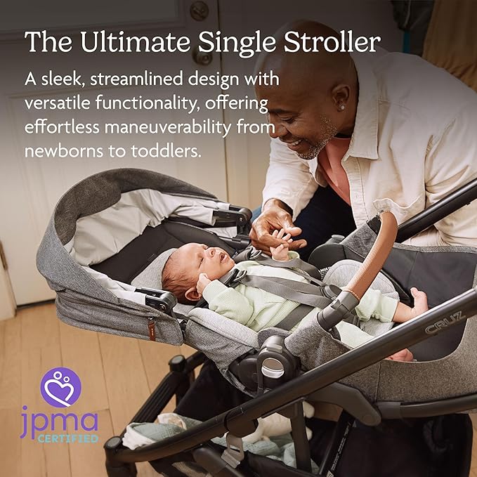 UPPAbaby Cruz V3 Stroller - from Birth + Car Seat Compatible - Full-Size, Reversible Seat - Infant Insert, Bug and Rain Shields Included - Callum (Stone Blue/Silver Frame/Sand Leather)