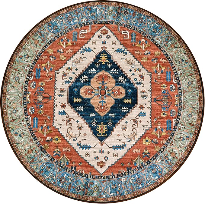 Lahome Boho Washable 4Ft Round Area Rug, Non-Slip Throw Untra-Thin Small Round Carpet, Oriental Vintage Distressed Circle Rug for Bedroom Kitchen Dining Living Room Office, 4x4/Rust