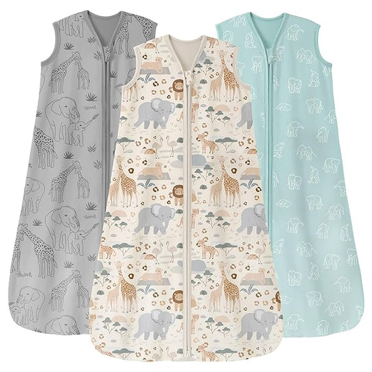 Baby Sleep Sack 12-18 Months 0.5 Tog Wearable Blanket Baby, 3 Pack 100% Cotton Lightweight Sleeping Sack with 2-Way Zipper for Infant Toddler Apricot Gray Green Elephant