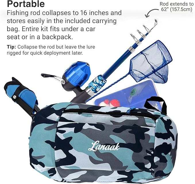 Kids Fishing Pole, Kids Portable Telescopic Fishing Rod Set, Tackle Box and Fishing Net Combo Kit, Kids Fishing Gear for Boys and Girls Age 5-10 and Youth