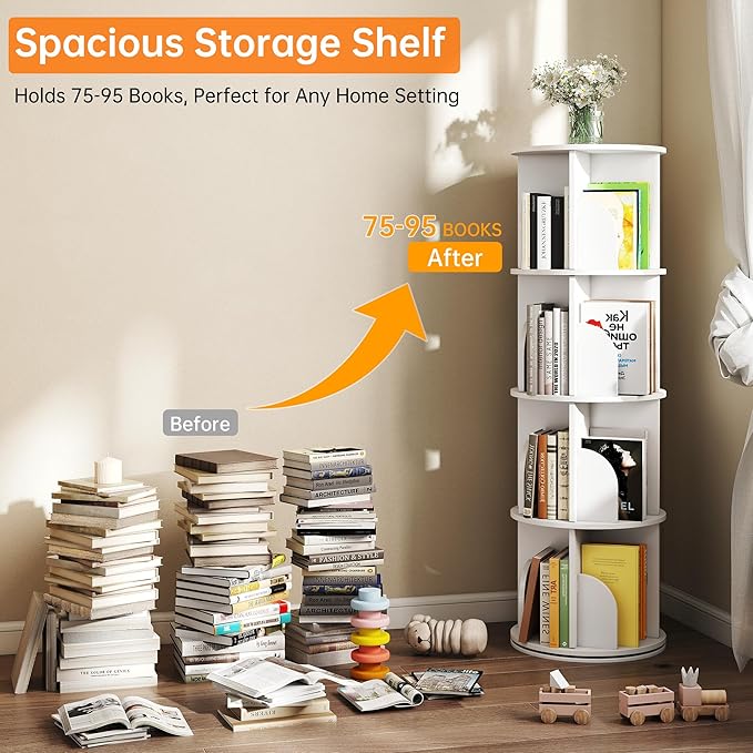 Rotating Bookshelf 4 Tier, 360 Degree Spinning Corner Bookcase with Lazy Susan, White Space Saving Tower Organizer for Small Spaces, Bedroom, Living Room, Adults & Kids