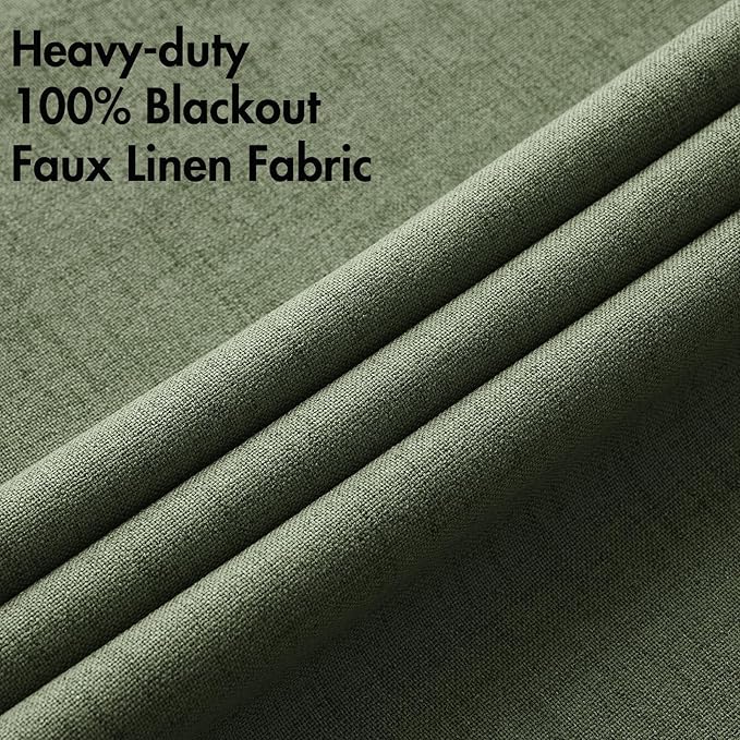 MIULEE 100% Blackout Linen Textured Curtains for Bedroom Solid Thermal Insulated Olive Green Grommet Room Darkening Curtains & Drapes Luxury Decor for Living Room Nursery 42 x 90 Inch (2 Panels)