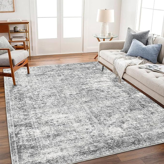 Area Rug 9x12 Washable Gray Vintage Traditional Mat Distressed Indoor Foldable Thin Retro Accent Floral Non Slip Carpet for Living Room Dining Room Office