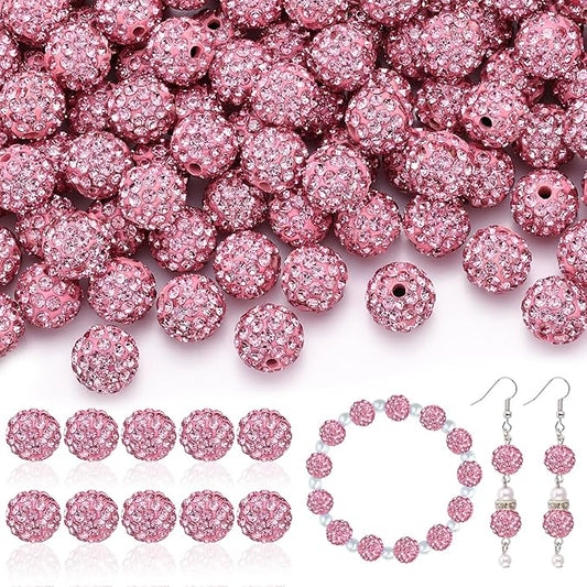 160pcs 10mm Rhinestone Beads for Jewelry Making, Pink Shiny Round Disco Ball Beads Bulk, Sparkle Crystal Clay Christmas for Bracelet Baseball Necklace Earring Crafting and DIY