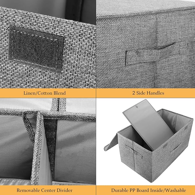 2 Pack Storage Boxes with Lids and Handles, Collapsible Linen Storage Bins Organizer Containers Baskets Cube with Removable Divider for Home Bedroom Closet Office (Cream, Large)