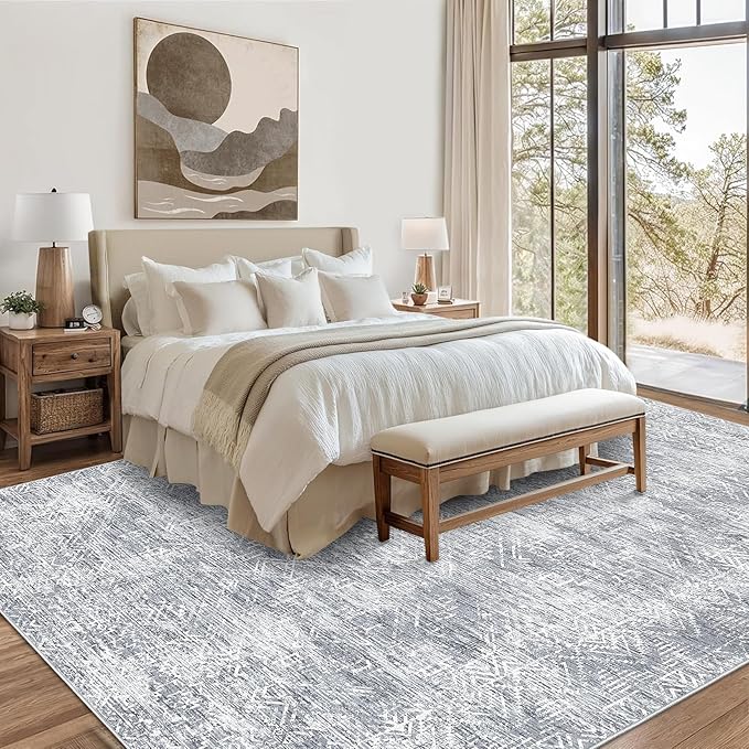 COZYLOOM 9x12 Rugs for Living Room Machine Washable Rug Modern Abstract Floor Cover with Non Slip Backing Satin Resistant Ultra Soft Geometric Carpet for Bedroom Office, Grey