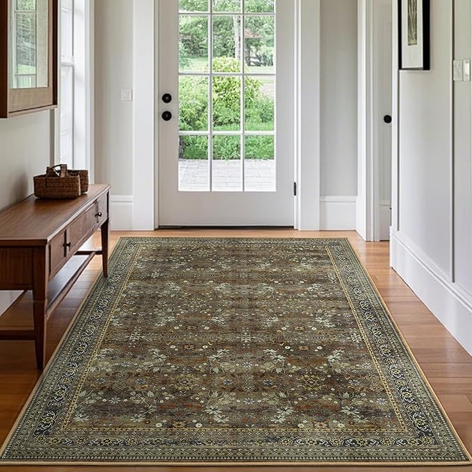 5x7 Machine Washable Area Rug for Living Room Dining Room, Vintage Floral Kitchen Rugs Non Slip, Traditional Indoor Floor Carpet for Bedroom, Farmhouse, Office Classroom Brown/Yellow