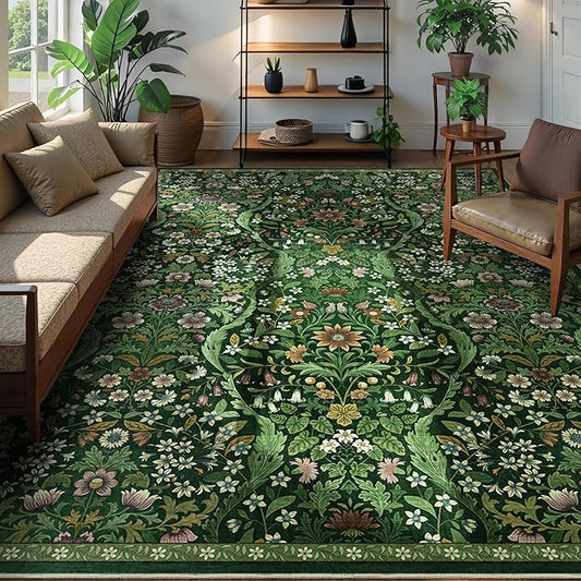 8x10 Washable Area Rug for Living Room, Large Vintage Dark Green Floral Rugs, Soft Non-Slip Stain Resistant Boho Lightweight Carpet for Bedroom Dining Room Nursery Home Office