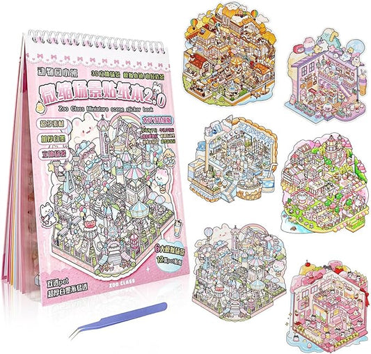 Sticker Therapy 3D Scene – 6 Sets Large Size DIY 3D Sticker Scenes with Tweezer for Adults Kids Relief Stress Pass The Time, Cute Miniature House Room Material Collection Book 02