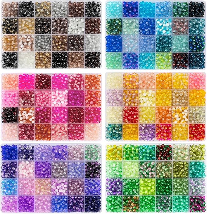 XSEINO About 7200pcs 144 Colors 6mm Crackle Glass Beads Bracelet Making Kit,6Box Different Style Crack Series Colorful Crystal Beads for Bracelet Jewelry Making,DIY Crafts,Friendship Bracelets