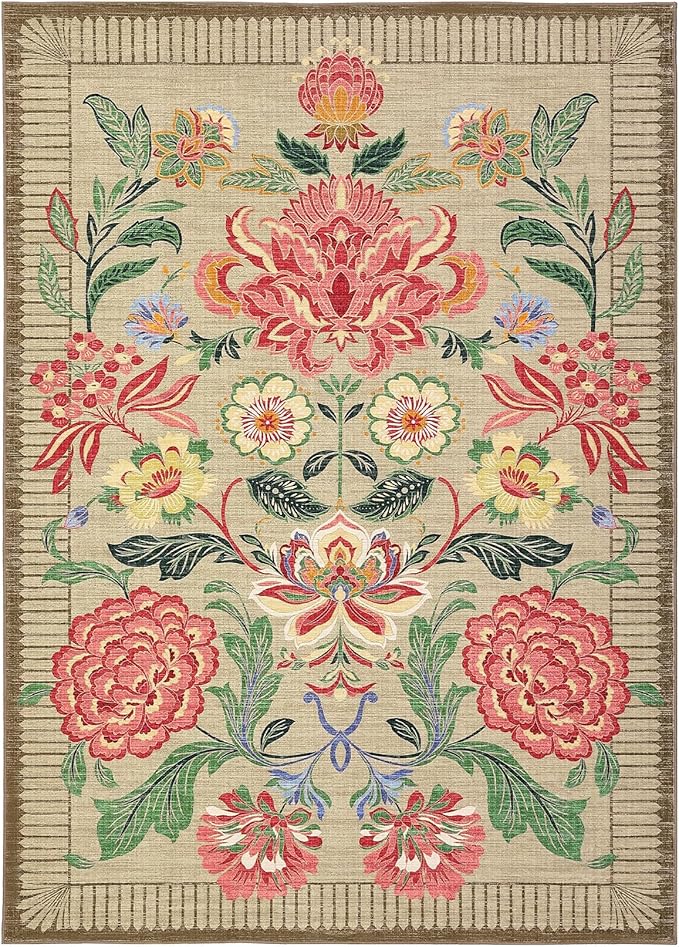GarveeHome Floral Botanical Washable Rugs 5x7 Area Rug for Living Room, Camel Taupe Brown Vintage Boho Cottage Throw Rugs Low Pile Carpet for Bedroom Dining Nursery Rug