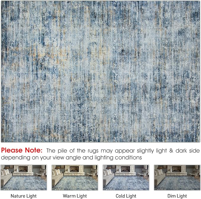 Washable Rug 6x9 Area Rugs, Abstract Large Living Room Rugs with Non-Slip Backing, Thin Carpet for Dorm Dining Room Table Nursery Indoor Home Office-Blue/Brown