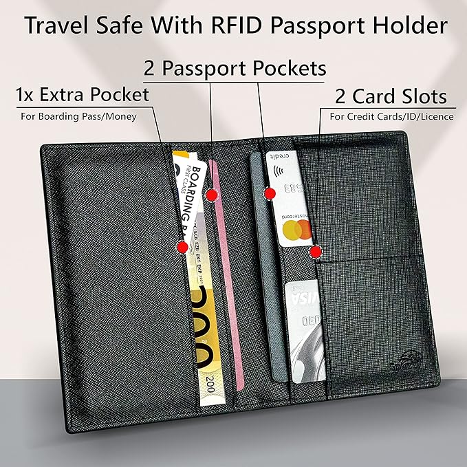 2 Passport Holder - Travel Essentials, RFID Blocking Wallet Credit Card Organiser, Plain Accessories Slim Cover For Men & Women