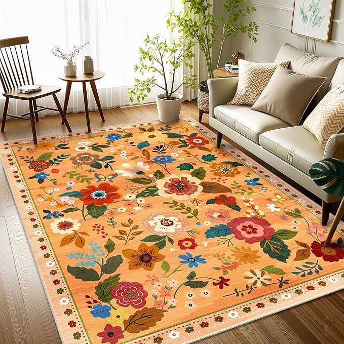 Floral 4x6 Area Rug Machine Washable Soft Print Boho Carpet Non Slip Doormat Low Pile Flower Area Rugs for Living Room Bedroom Nursery Kitchen Dining Room Indoor-Yellow/Orange