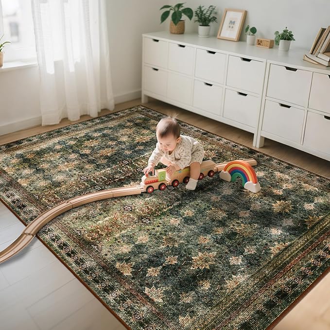 5x7 Washable Area Rug for Living Room Rustic, Non Slip Vintage Floral Bedroom Rugs Retro, Traditional Indoor Floor Carpet for Dining Room, Farmhouse, Office Classroom(Dark Green/Brown/Multi)