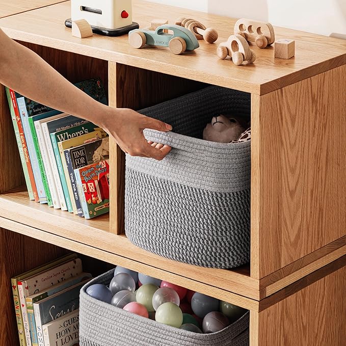 UBBCARE 4 Pack Baskets for Organizing, Woven Storage Baskets for Toys and Towel, Rectangle Cotton Rope Basket with Handles, 15''L x10''W x9''H, Mixed Grey