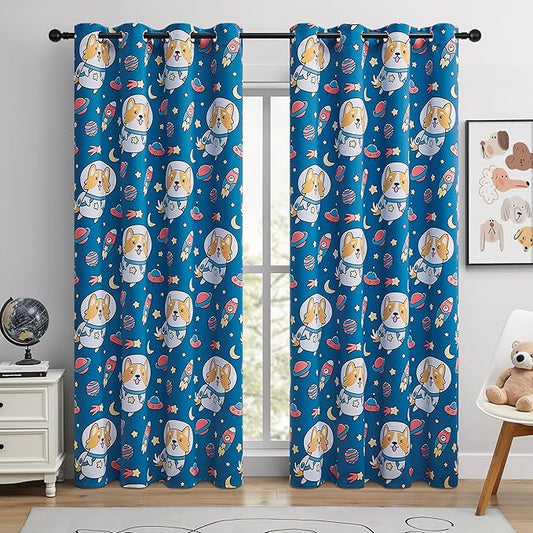 Kids Blackout Curtains - Space Dog Design, 100% Blackout, 2 Panels, Each W52×L84, Thermal Insulated, Noise Reducing & Energy Efficient for Kids Bedroom, Turn your child’s room into a fun adventure