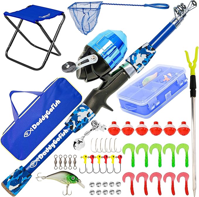 DaddyGoFish Kids Fishing Pole - Rod Reel Combo Tackle Box Starter Set - First Year Small Gear Kit for Boys Girls Toddler Youth Age Beginner Little Children
