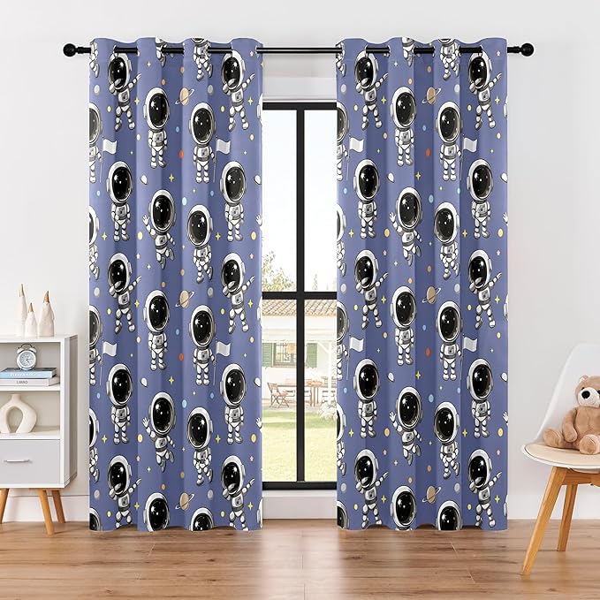 Kids Astronaut Blackout Curtains - 100% Blackout, Thermal Insulated, Noise Reducing, Perfect for Kids Room and Nursery, 2 Panels (Spacewalk Buddies, W52×L84)