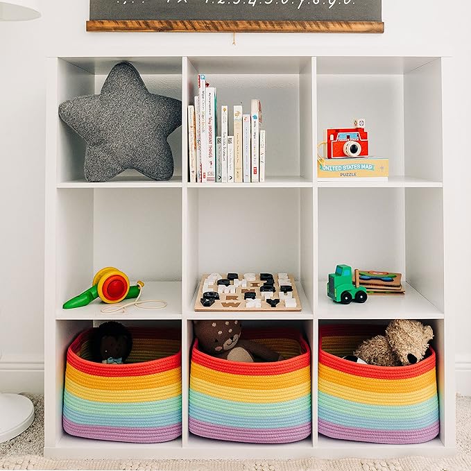 OrganiHaus Rope Rainbow Storage Baskets for Shelves, Rainbow Baskets for Classroom, Baby Basket for Nursery Storage, Rainbow Storage Bins & Toy Organizer, Colorful Baskets for Baby Room