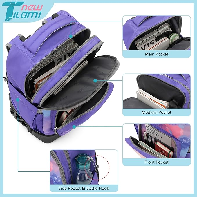 NEW TILAMI 18 inch Rolling Backpack Boys & Girls for School – Durable, Waterproof, Adjustable Handle, Ideal for Travel & Daily Use, Purple Sky