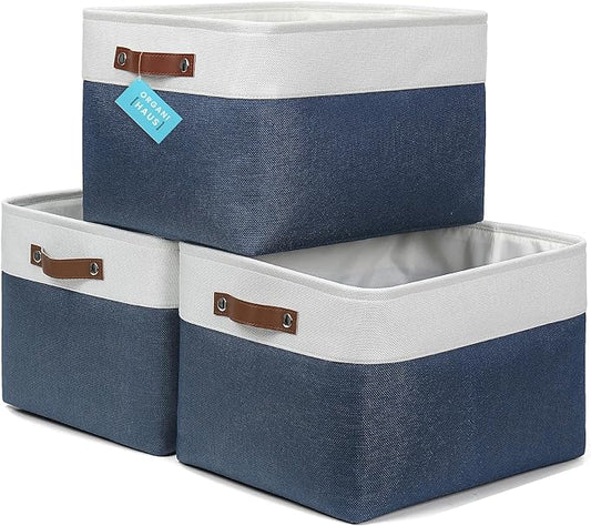 OrganiHaus Extra Large Fabric Storage Bins for Shelves 16x13in, Closet Storage Baskets for Shelf Organizing, Canvas Rectangle Bins for Organization, Linnen Baskets for Organizing - Navy Blue/White