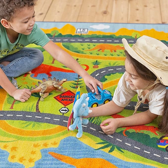 KC Cubs 3x5 Dinosaur Toy Car Dino Road Rug – Educational Play Mat Carpet for Kids, Toddlers, Nursery, Classroom, Playroom, Baby Daycare, Boys & Girls
