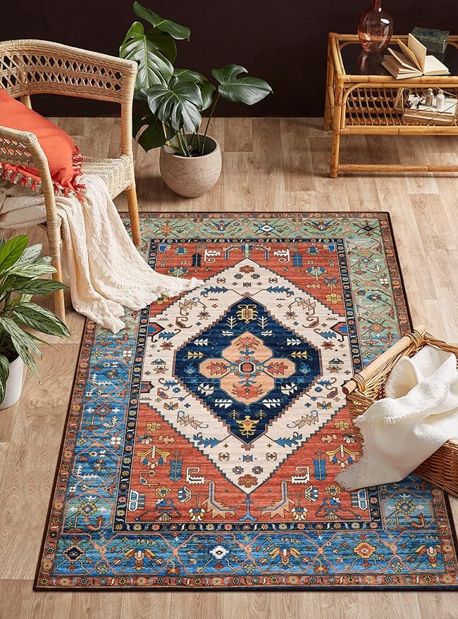 Lahome Boho 3x5 Washable Area Rugs, Small Non-Slip Bedroom Carpet Throw Low-Pile Rugs for Entryway Kitchen, Oriental Distressed Carpet for Bathroom Office Laundry Living Room, Rust