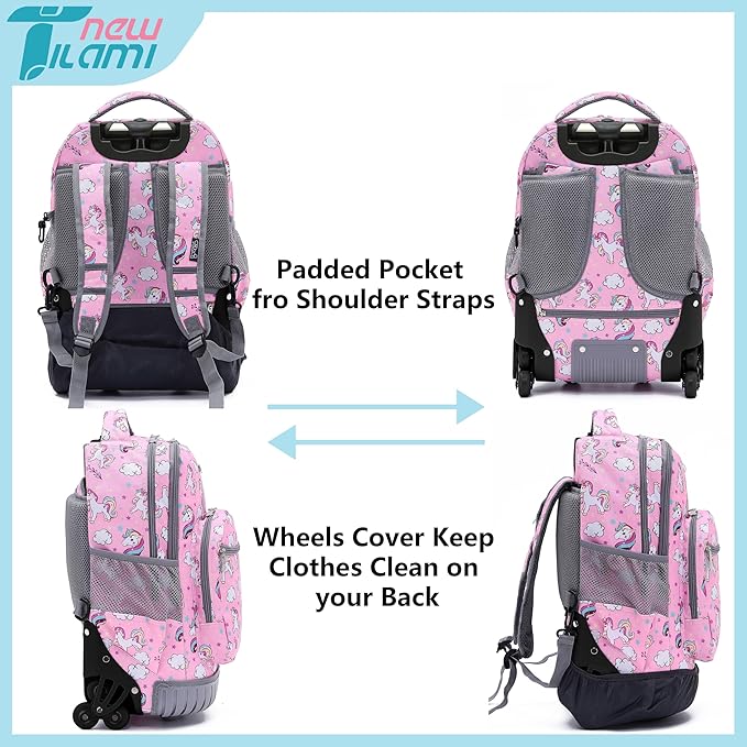 NEW TILAMI 18" Kids Rolling Backpack for School - Waterproof, Durable, Stair-Climbing, Variety of Colors Patterns for Girls & Boys, Cute Pink Unicorn