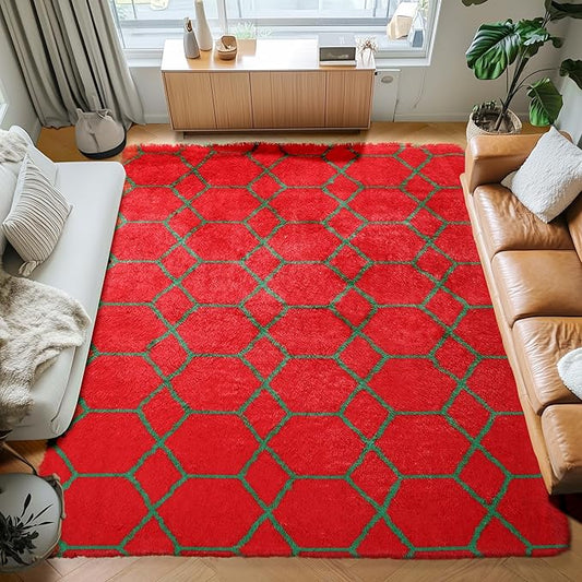 ONASAR 6x9 Area Rugs for Living Room, Large Fluffy Red and Dark Green Bedroom Rug, Geometric Boho Soft Shaggy Plush Floor Carpet for Kids Girls Teen Nursery Dorm Christmas Home Decor Aesthetic
