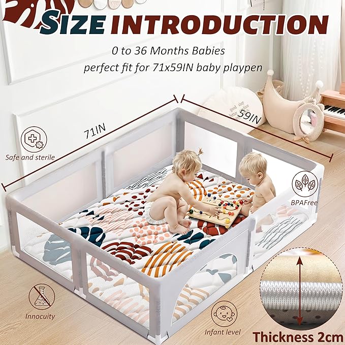 Baby Play Mats for Floor, 71x59 Playpen Mat for Babies, Extra Thicker & Soft Floor Crawling Mat, Foldable Non-Slip Playmat Cushioned for Infants Toddlers, Boho Leaf Design