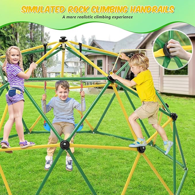 Climbing Dome, 10FT Dome Climber with Hammock & Swing for Kids 3-10, Kids Outdoor Jungle Gym Supports 1000lbs, Easy Assembly Playground Jungle Gym Backyard Play Equipment, Yellow+Green