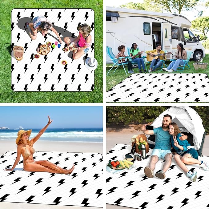 79''x79'' Extra Large Picnic Blankets, Waterproof Sandproof Foldable Outdoor Picnic Mat, Portable 3-Layer Fabric Beach Blanket for Camping, Park, Travel, Family Friends-Stylish Lightning Pattern