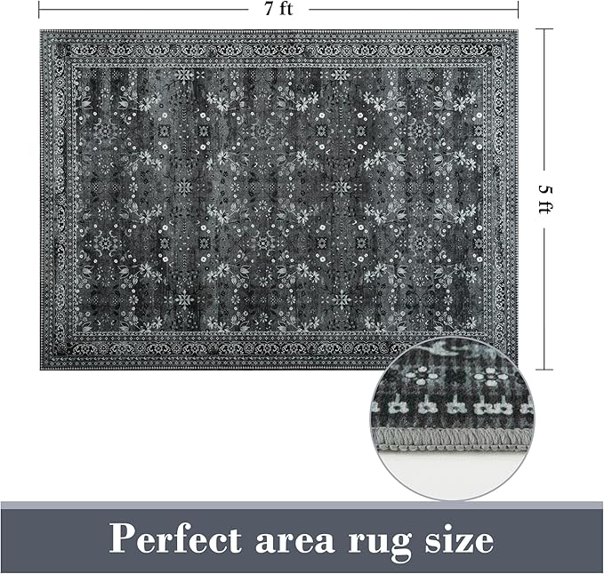 5x7 Machine Washable Area Rug for Living Room Bedroom, Vintage Kitchen Rugs Non Slip, Traditional Indoor Floor Floral Print Carpet for Dining Room, Farmhouse, Office Classroom Black/Gray